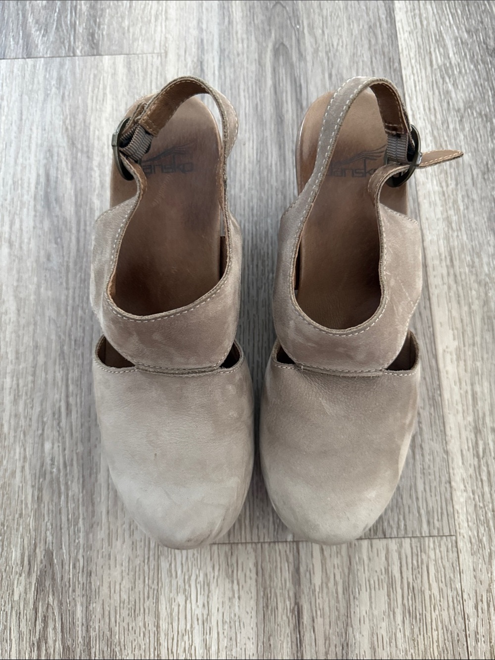 Dansko Taupe Suede Slingback Chunky Heel Clog Eu 37/6.5 Leather Mules - Picture 2 of 6